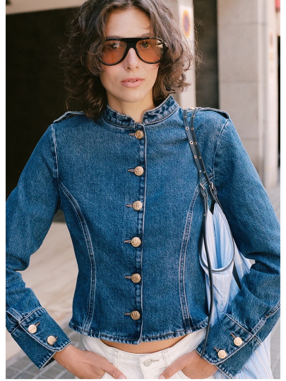 🔥 Zara Blue Denim Jacket with Gold Buttons & Tabs 🔥